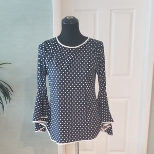 Navy and White polka dot top with bell sleeves, Small